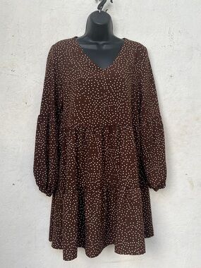 Brown Polka Dot V-Neck Tiered Dress